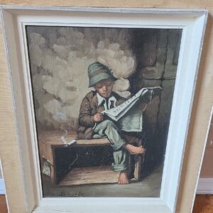 Vintage Art Print of Boy Reading Newspaper